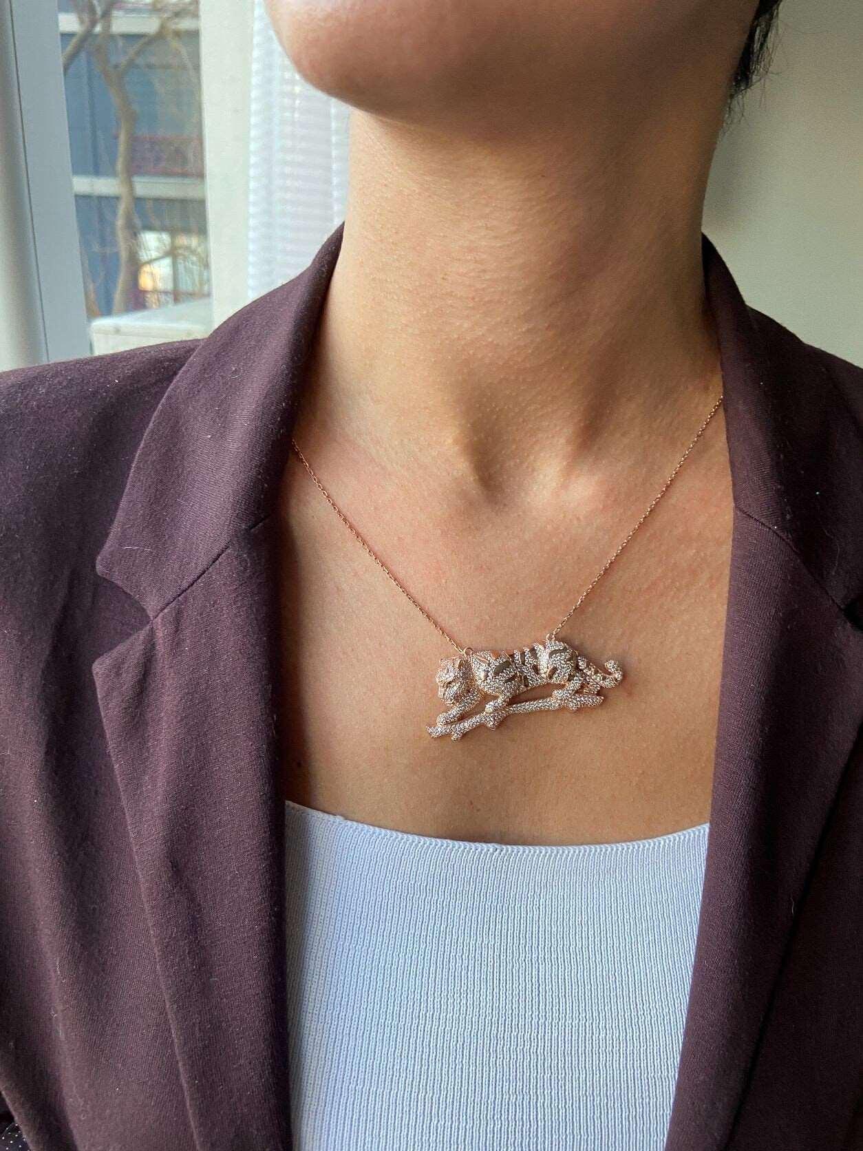 Champagne Color Leopard Custom Desing Necklace, Handmade Nacre Working Jewelry Leopard Pendant For Her - Tracesilver