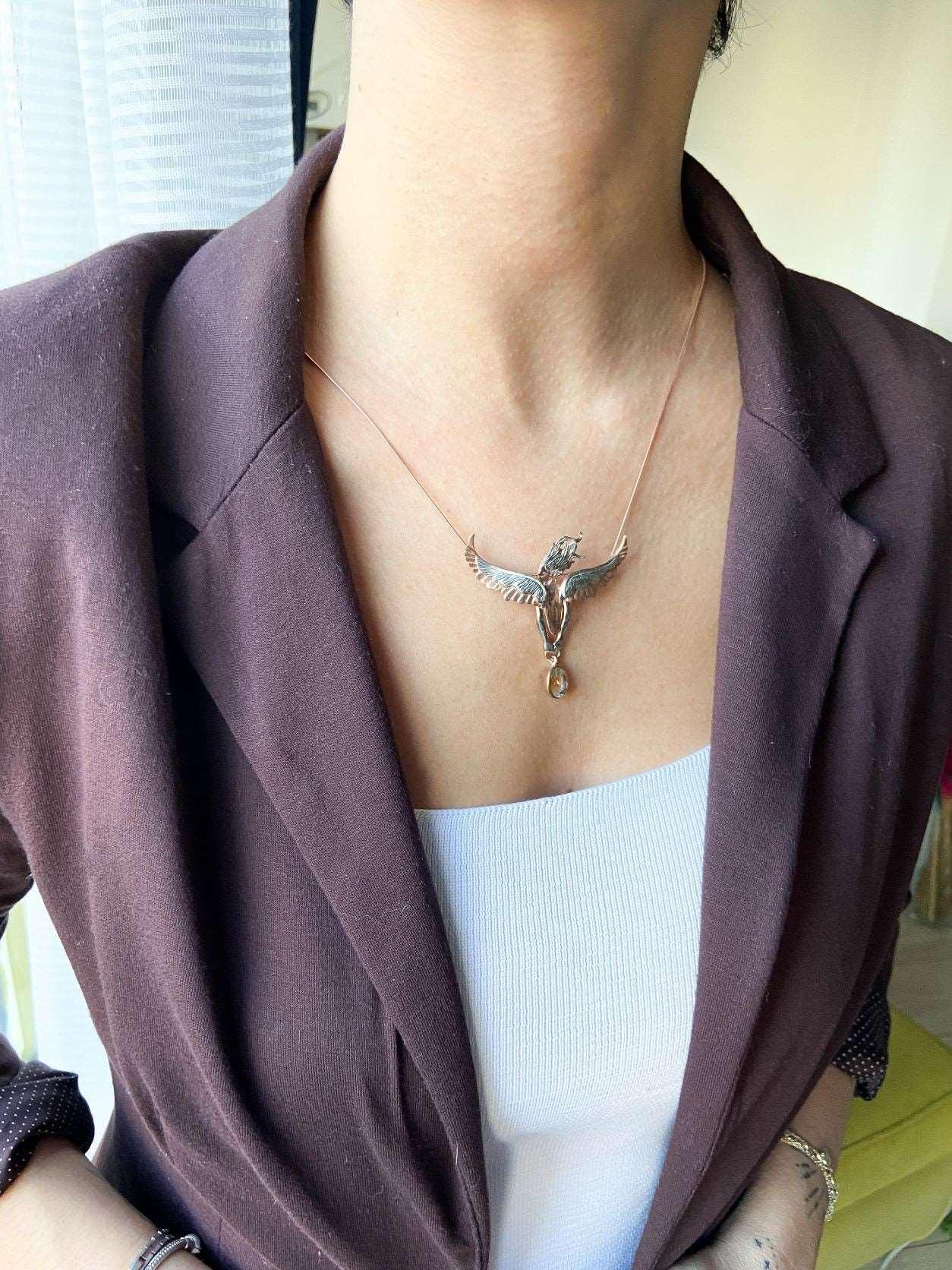 Citrine GemStone Angel Necklace For Women, Custom Design Women Angel Citrine Pendant For Her - Tracesilver