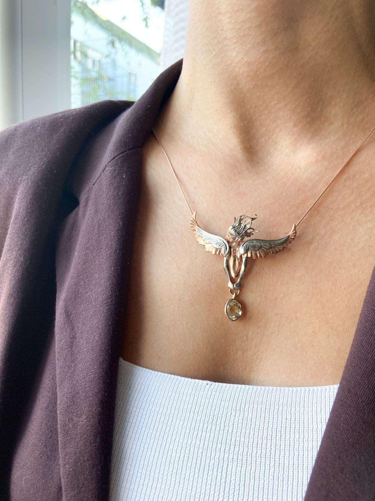 Citrine GemStone Angel Necklace For Women, Custom Design Women Angel Citrine Pendant For Her - Tracesilver