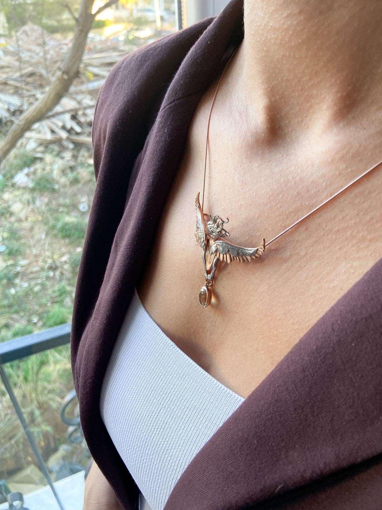 Citrine GemStone Angel Necklace For Women, Custom Design Women Angel Citrine Pendant For Her - Tracesilver
