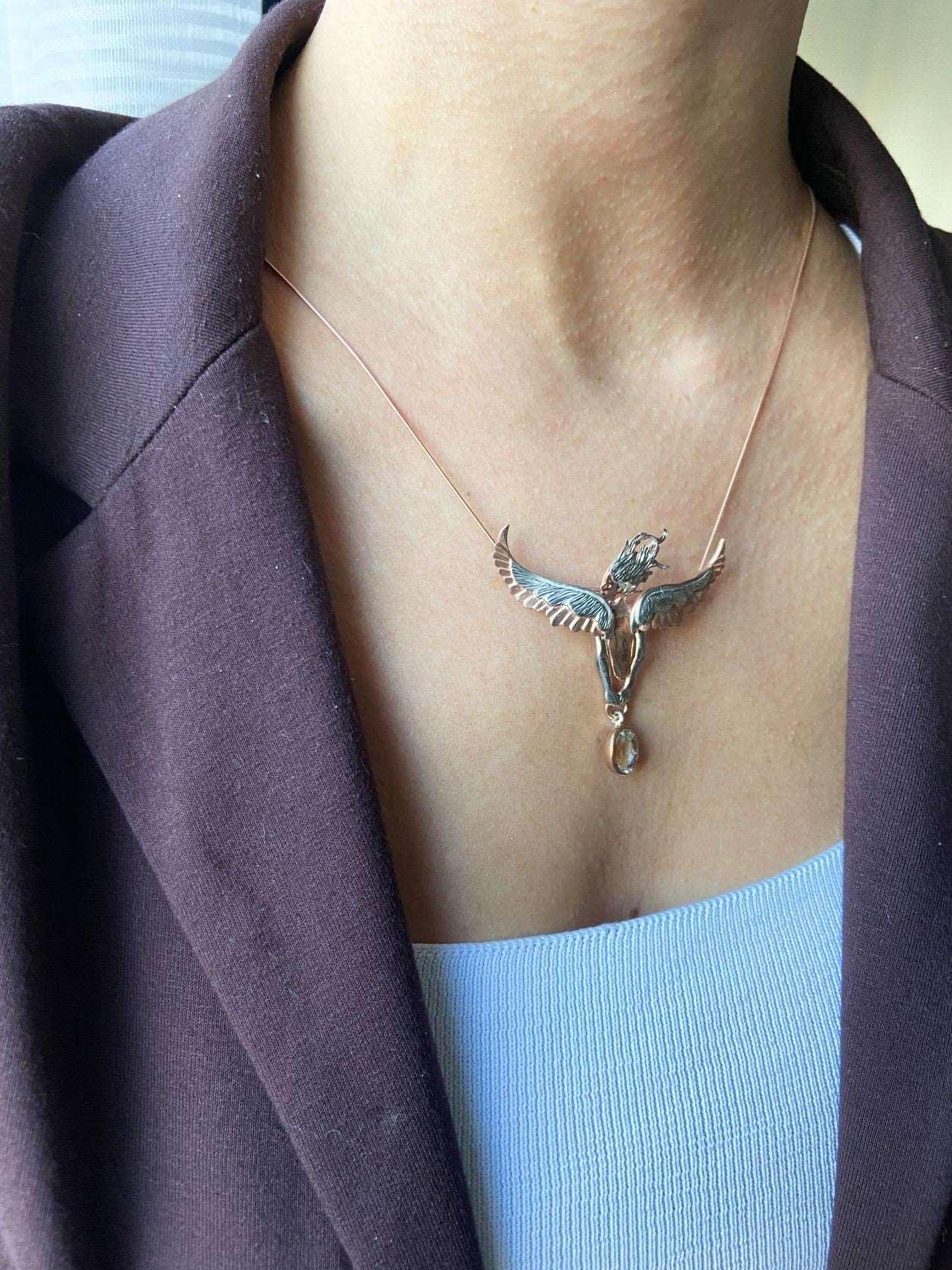 Citrine GemStone Angel Necklace For Women, Custom Design Women Angel Citrine Pendant For Her - Tracesilver