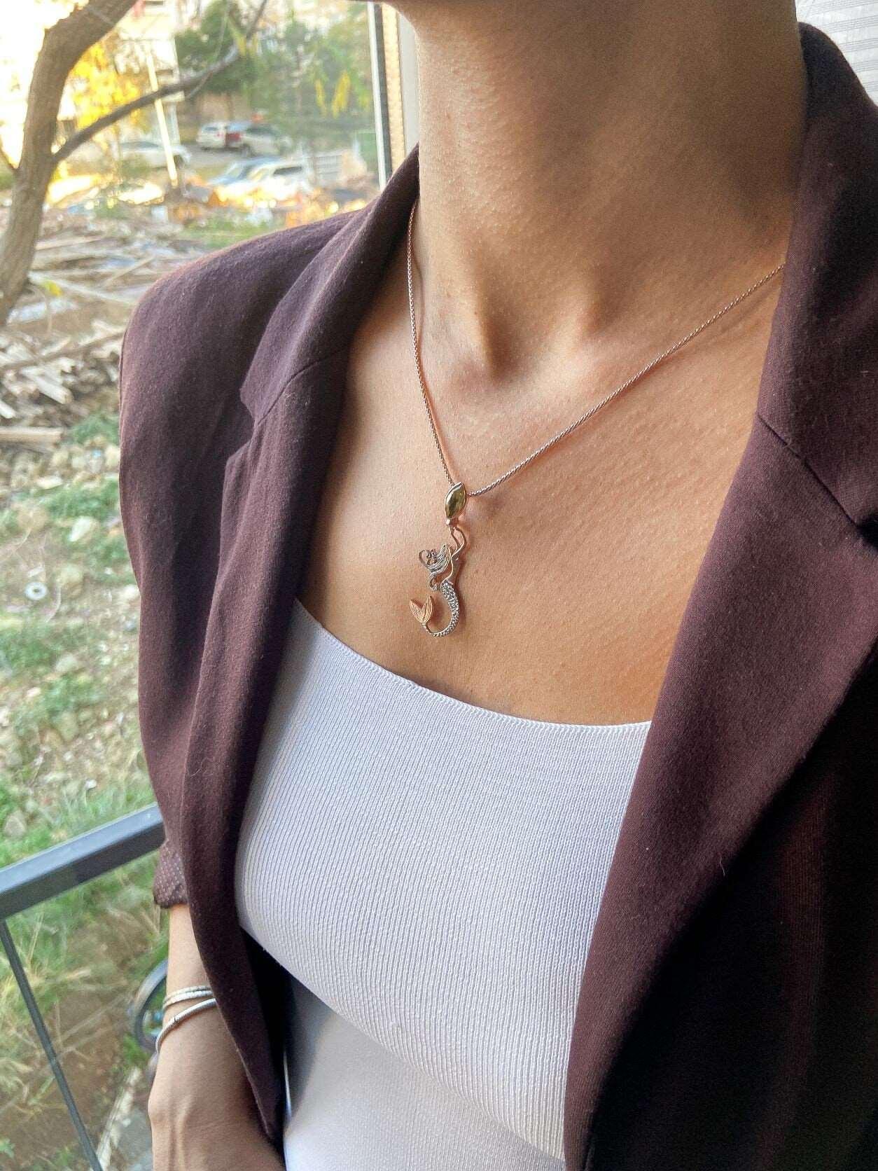 Citrine Stone Mermaid Jewelry Natural Citrine Stone Necklace For Women, Custom Design Handmade Mermaid Pendant For Her - Tracesilver