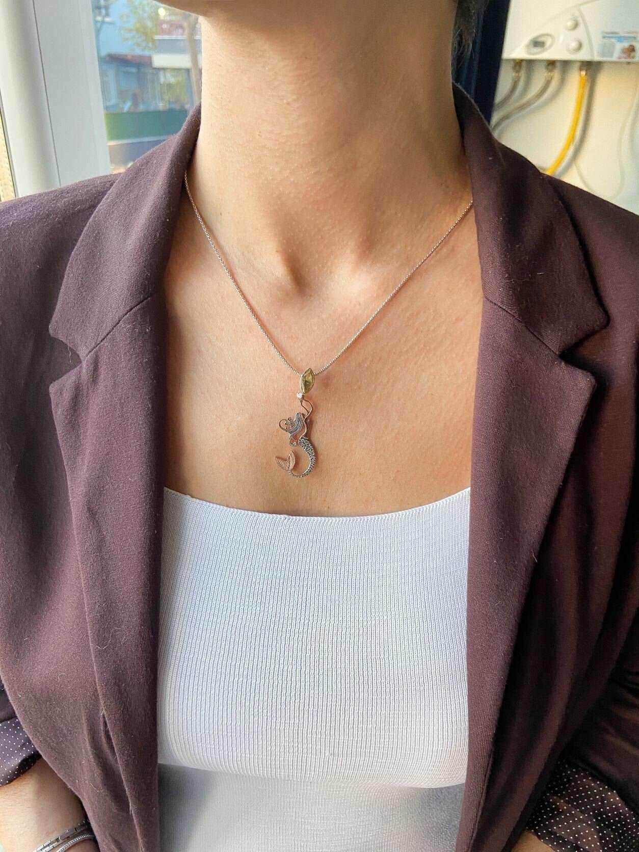Citrine Stone Mermaid Jewelry Natural Citrine Stone Necklace For Women, Custom Design Handmade Mermaid Pendant For Her - Tracesilver