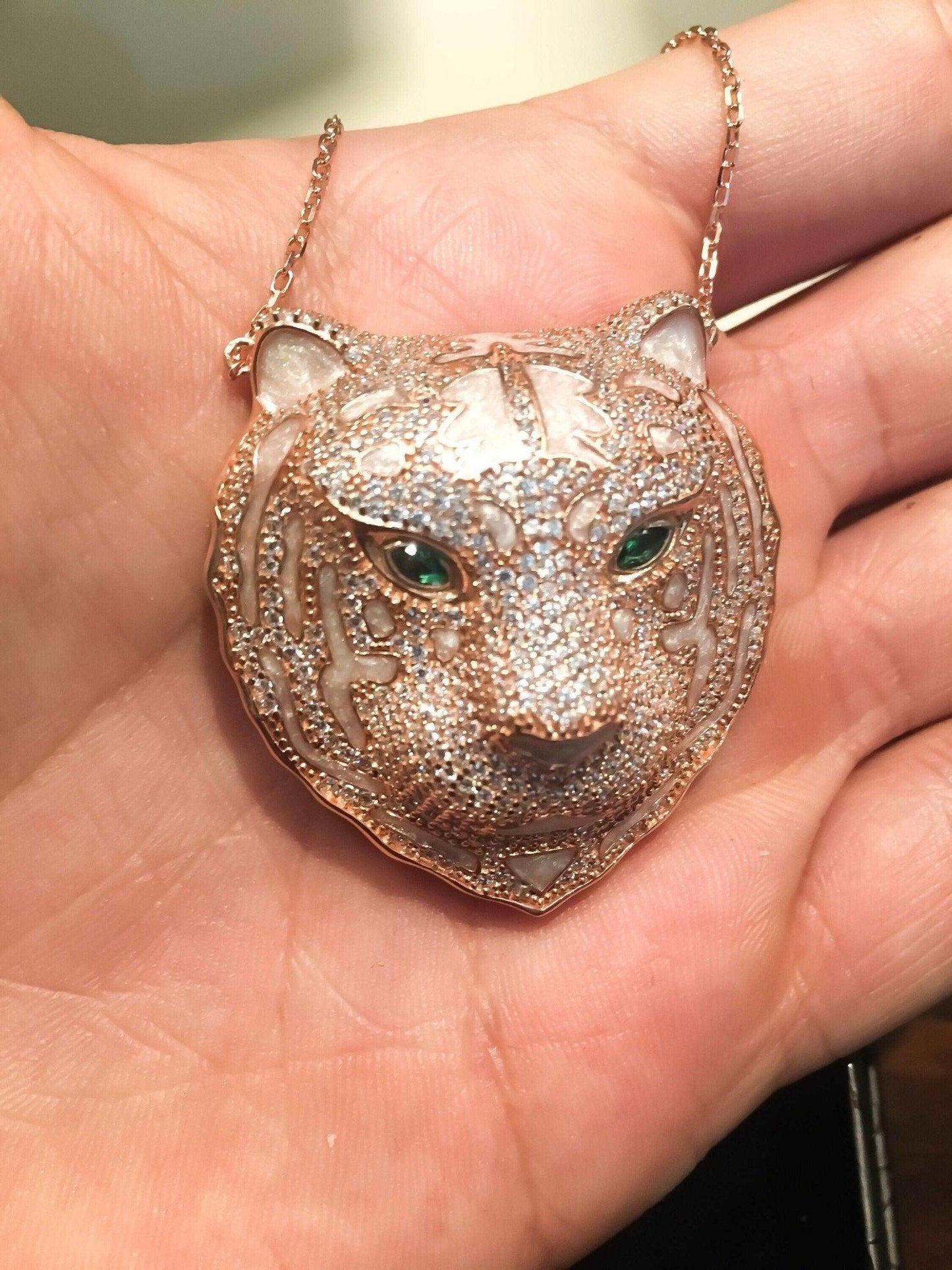 Emerald Eye Rose Gold Leopard Head Zircon Stone 925 Sterling Silver Custom Desing Necklace, Handmade Nacre Working Jewelry Leopard Pendant - Tracesilver
