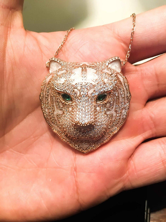 Emerald Eye Rose Gold Leopard Head Zircon Stone 925 Sterling Silver Custom Desing Necklace, Handmade Nacre Working Jewelry Leopard Pendant - Tracesilver
