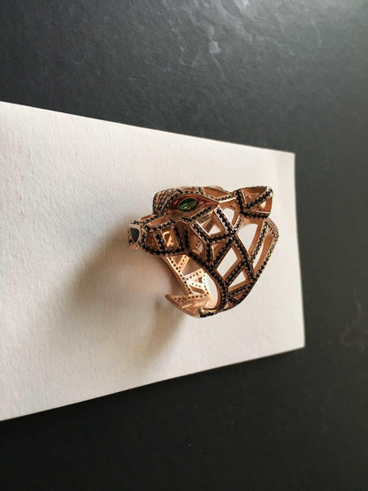 Emerald Eye Silver Leopard Unique Rings Custom Desing Jewelry, Handmade Emerald Eye Gemstone Leopard Ring, Animal Jewelry For Women Rings - Tracesilver