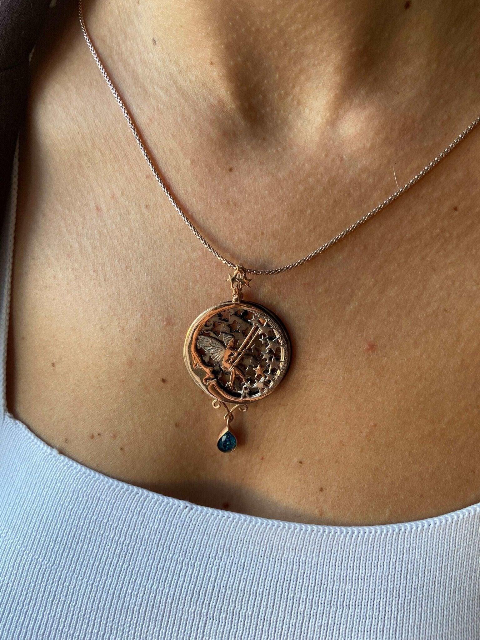 Fairy Desing Necklace 925 Sterling Silver Blue Zircon Stone Fairy Pendant, Gift For Her Rose Gold Mythical Jewelry For Women - Tracesilver