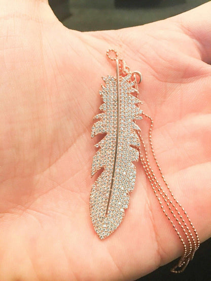 Feather Silver Necklace Custom Desing White Zircon Gemstone Rose Gold Handmade, 925 Sterling Silver Feather Jewerly Pendant - Tracesilver