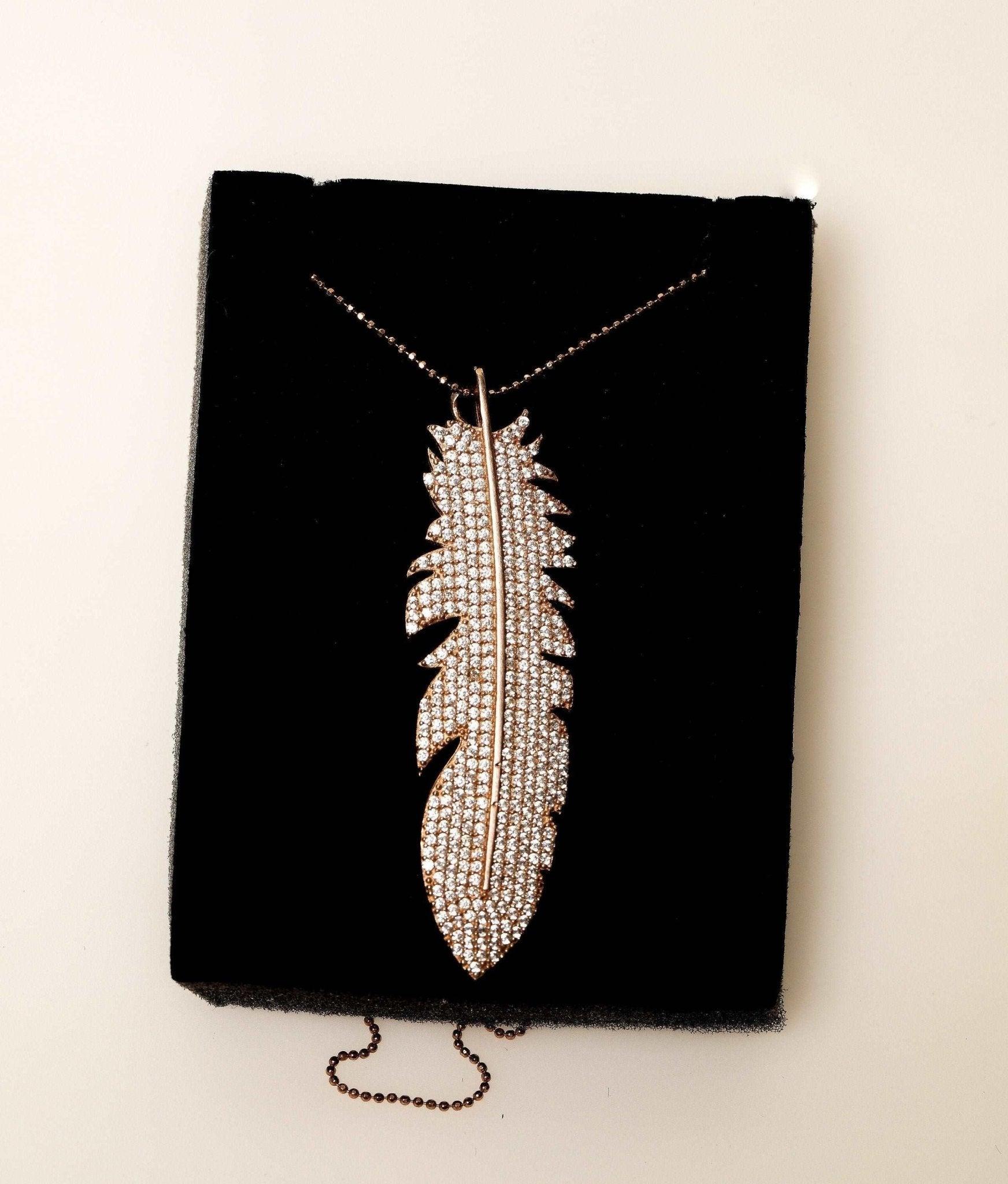 Feather Silver Necklace Custom Desing White Zircon Gemstone Rose Gold Handmade, 925 Sterling Silver Feather Jewerly Pendant - Tracesilver