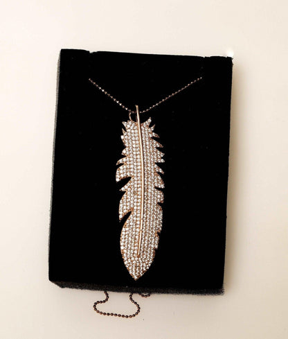Feather Silver Necklace Custom Desing White Zircon Gemstone Rose Gold Handmade, 925 Sterling Silver Feather Jewerly Pendant - Tracesilver