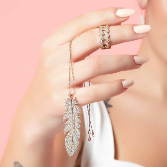 Feather Silver Necklace Custom Desing White Zircon Gemstone Rose Gold Handmade, 925 Sterling Silver Feather Jewerly Pendant - Tracesilver