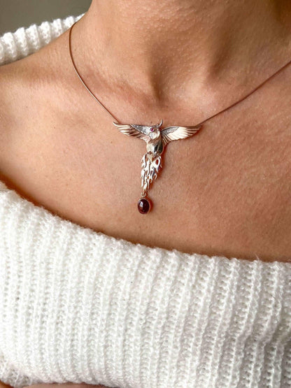 Garnet Stone Handmade Phoenix Root Ruby Eye Silver Necklace, Garnet Gemstone Firebird Custom Pendant, Dual-use Flapping Wings Pendant - Tracesilver
