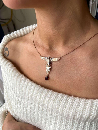 Garnet Stone Handmade Phoenix Root Ruby Eye Silver Necklace, Garnet Gemstone Firebird Custom Pendant, Dual-use Flapping Wings Pendant - Tracesilver