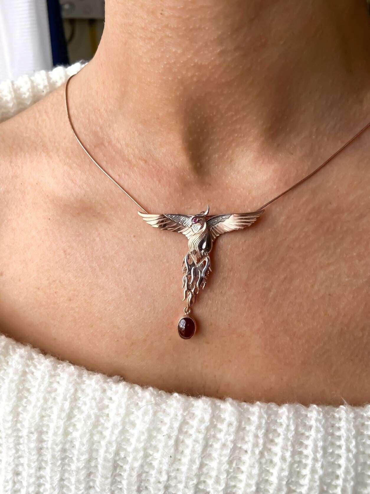 Garnet Stone Handmade Phoenix Root Ruby Eye Silver Necklace, Garnet Gemstone Firebird Custom Pendant, Dual-use Flapping Wings Pendant - Tracesilver