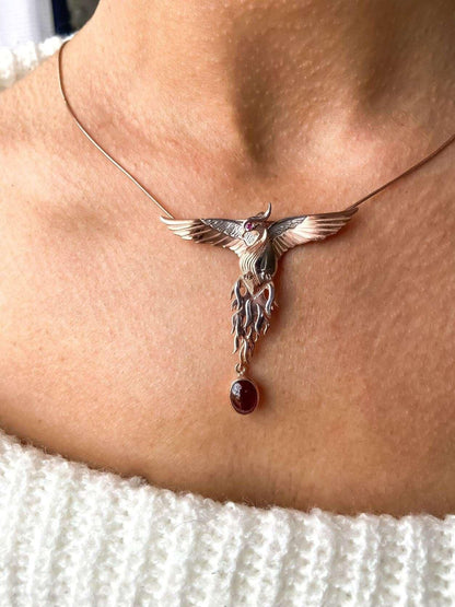 Garnet Stone Handmade Phoenix Root Ruby Eye Silver Necklace, Garnet Gemstone Firebird Custom Pendant, Dual-use Flapping Wings Pendant - Tracesilver