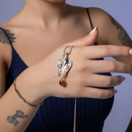 Garnet Stone Handmade Phoenix Root Ruby Eye Silver Necklace, Garnet Gemstone Firebird Custom Pendant, Dual-use Flapping Wings Pendant - Tracesilver