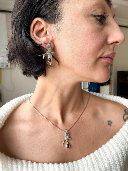 Garnet Stone Sparrow Necklace, 925 Sterling Silver Handmade Sparrow Jewelry Pendant, Silver Sparrow Garnet Gemstone Bird Necklace - Tracesilver