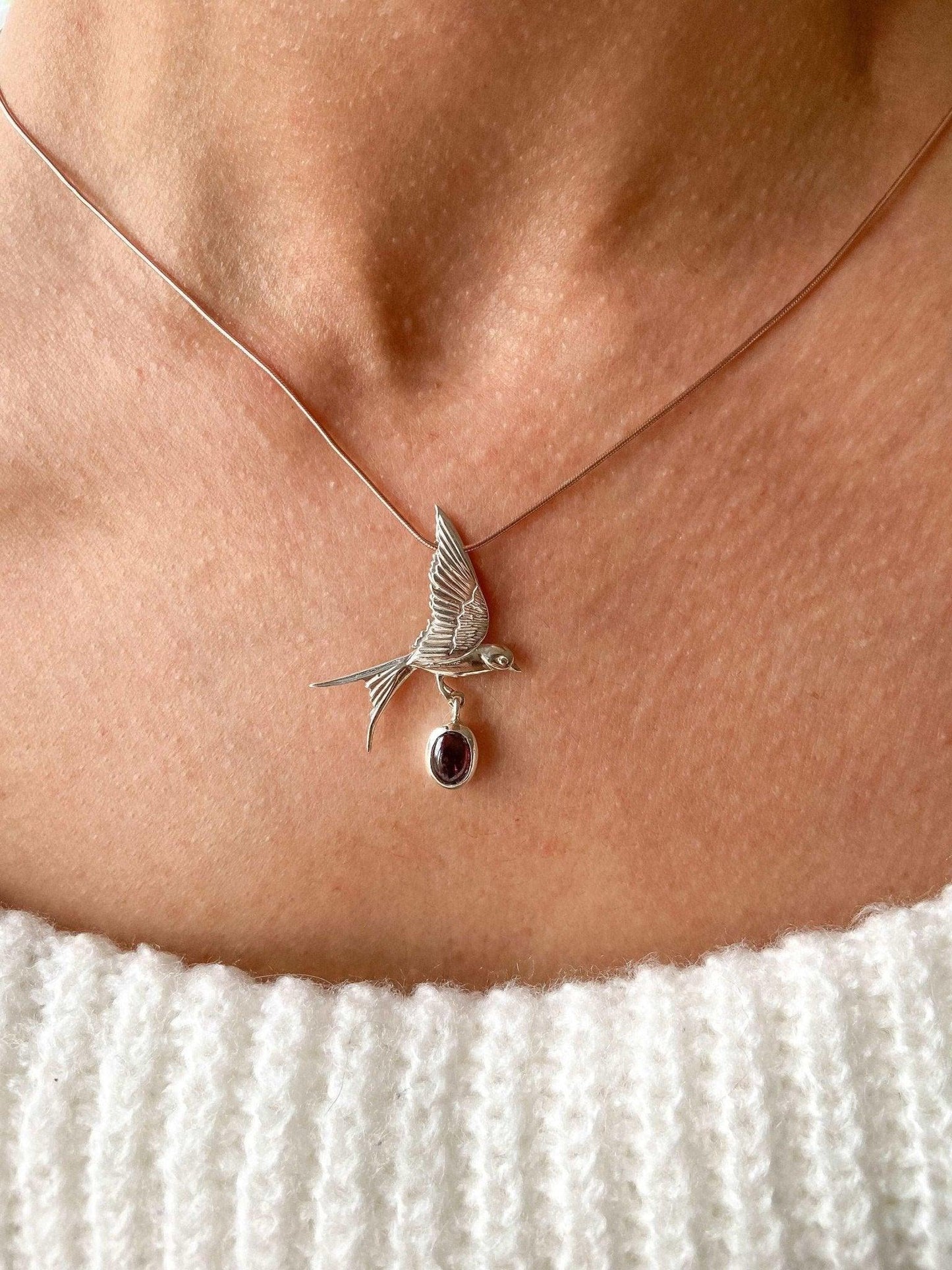 Garnet Stone Sparrow Necklace, 925 Sterling Silver Handmade Sparrow Jewelry Pendant, Silver Sparrow Garnet Gemstone Bird Necklace - Tracesilver