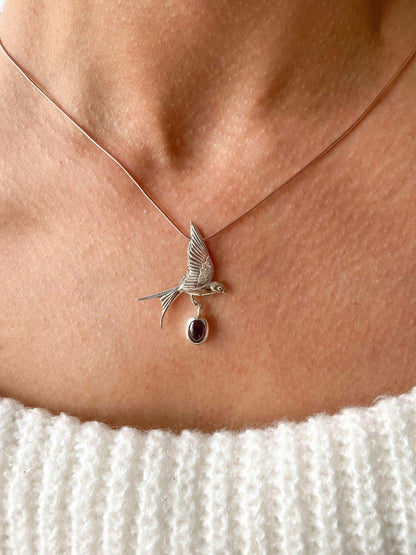 Garnet Stone Sparrow Necklace, 925 Sterling Silver Handmade Sparrow Jewelry Pendant, Silver Sparrow Garnet Gemstone Bird Necklace - Tracesilver