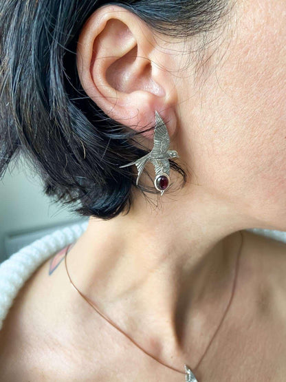 Garnet Stone Sparrow Silver Stud Earrings, Handmade Sparrow 925 Sterling Silver Garnet Earrings, Garnet Jewelry Bird Earrings - Tracesilver