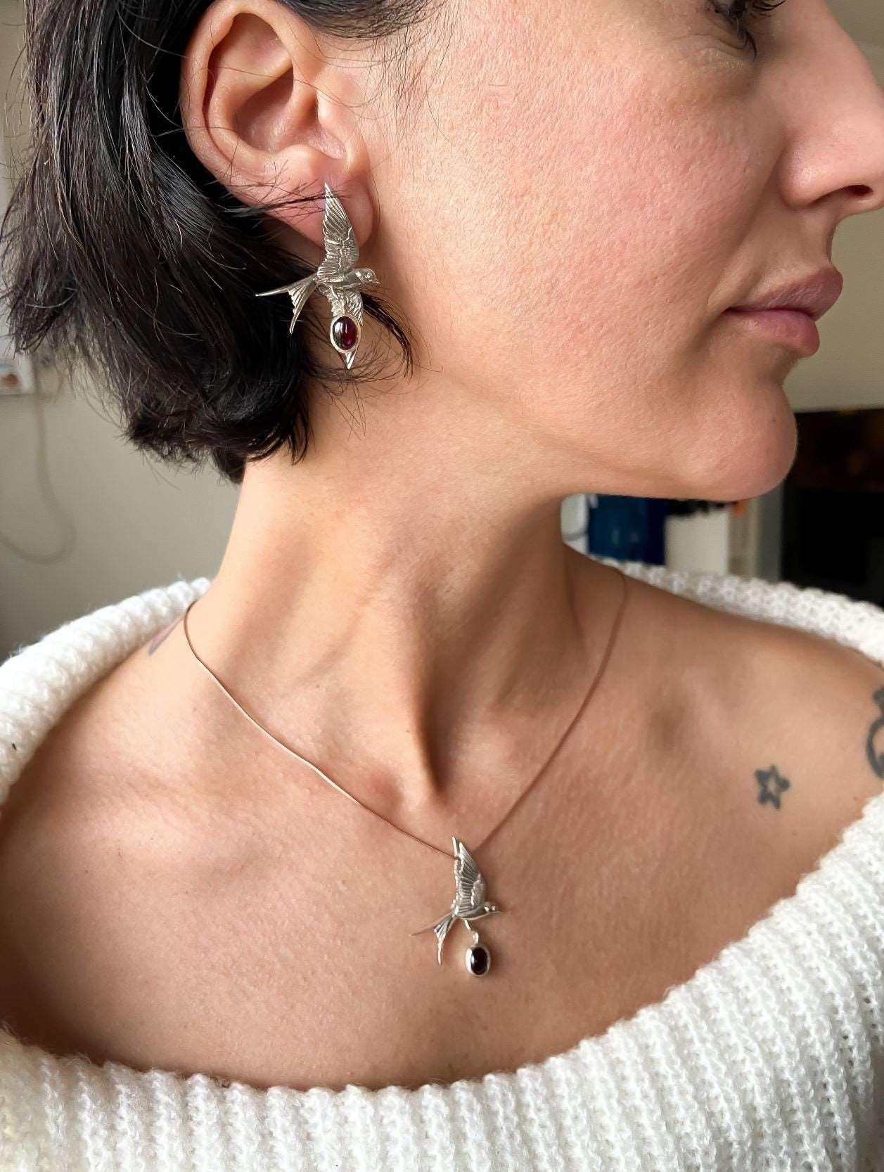 Garnet Stone Sparrow Silver Stud Earrings, Handmade Sparrow 925 Sterling Silver Garnet Earrings, Garnet Jewelry Bird Earrings - Tracesilver