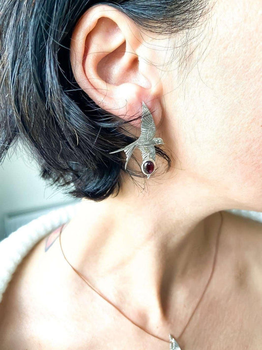 Garnet Stone Sparrow Silver Stud Earrings, Handmade Sparrow 925 Sterling Silver Garnet Earrings, Garnet Jewelry Bird Earrings - Tracesilver