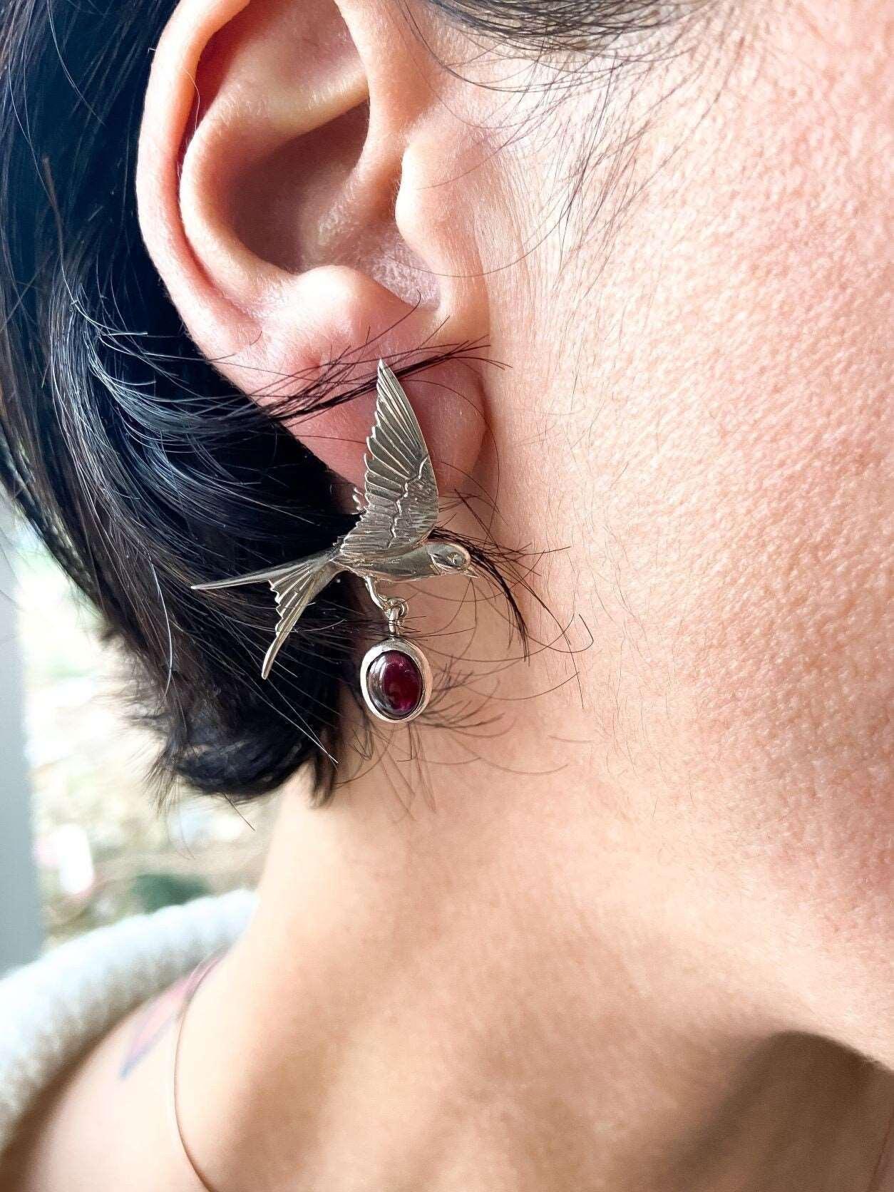 Garnet Stone Sparrow Silver Stud Earrings, Handmade Sparrow 925 Sterling Silver Garnet Earrings, Garnet Jewelry Bird Earrings - Tracesilver