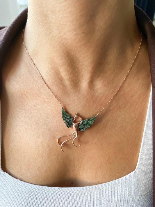 Green Phoenix Strenght Necklace For Women, 925 Sterling Silver Fire Bird Pendant, Gift For Her, Gift For Women - Tracesilver