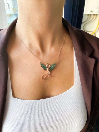 Green Phoenix Strenght Necklace For Women, 925 Sterling Silver Fire Bird Pendant, Gift For Her, Gift For Women - Tracesilver