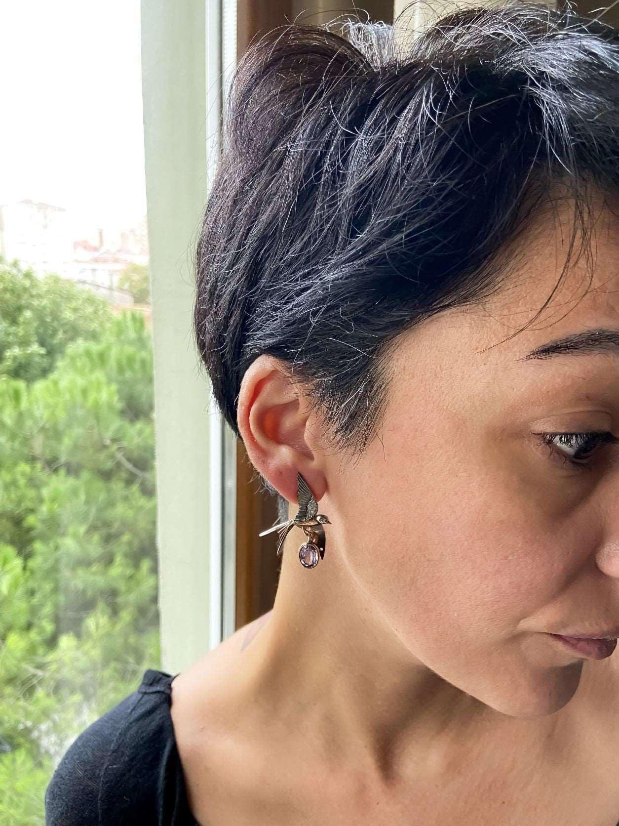 Handmade Amethyst Bird Stud Earrings, 925 Sterling Silver Swallow Bird Earrings, Flapping Wings , Bird Jewellery, Custom Animal Earrings - Tracesilver