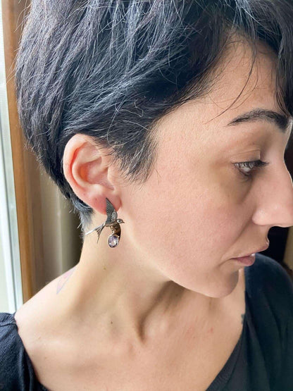 Handmade Amethyst Bird Stud Earrings, 925 Sterling Silver Swallow Bird Earrings, Flapping Wings , Bird Jewellery, Custom Animal Earrings - Tracesilver