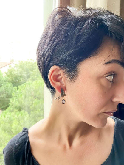 Handmade Amethyst Bird Stud Earrings, 925 Sterling Silver Swallow Bird Earrings, Flapping Wings , Bird Jewellery, Custom Animal Earrings - Tracesilver