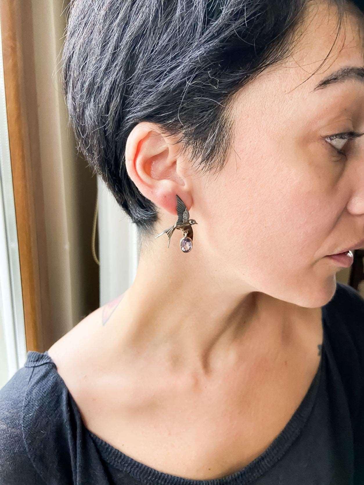 Handmade Amethyst Bird Stud Earrings, 925 Sterling Silver Swallow Bird Earrings, Flapping Wings , Bird Jewellery, Custom Animal Earrings - Tracesilver