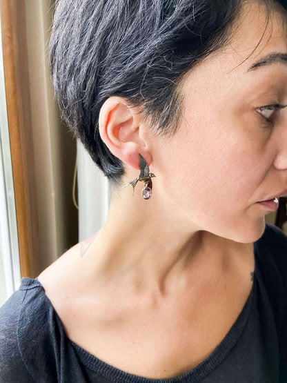 Handmade Amethyst Bird Stud Earrings, 925 Sterling Silver Swallow Bird Earrings, Flapping Wings , Bird Jewellery, Custom Animal Earrings - Tracesilver