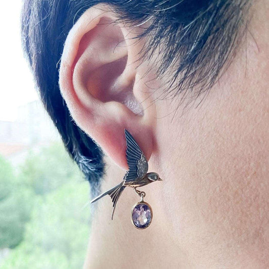 Handmade Amethyst Bird Stud Earrings, 925 Sterling Silver Swallow Bird Earrings, Flapping Wings , Bird Jewellery, Custom Animal Earrings - Tracesilver