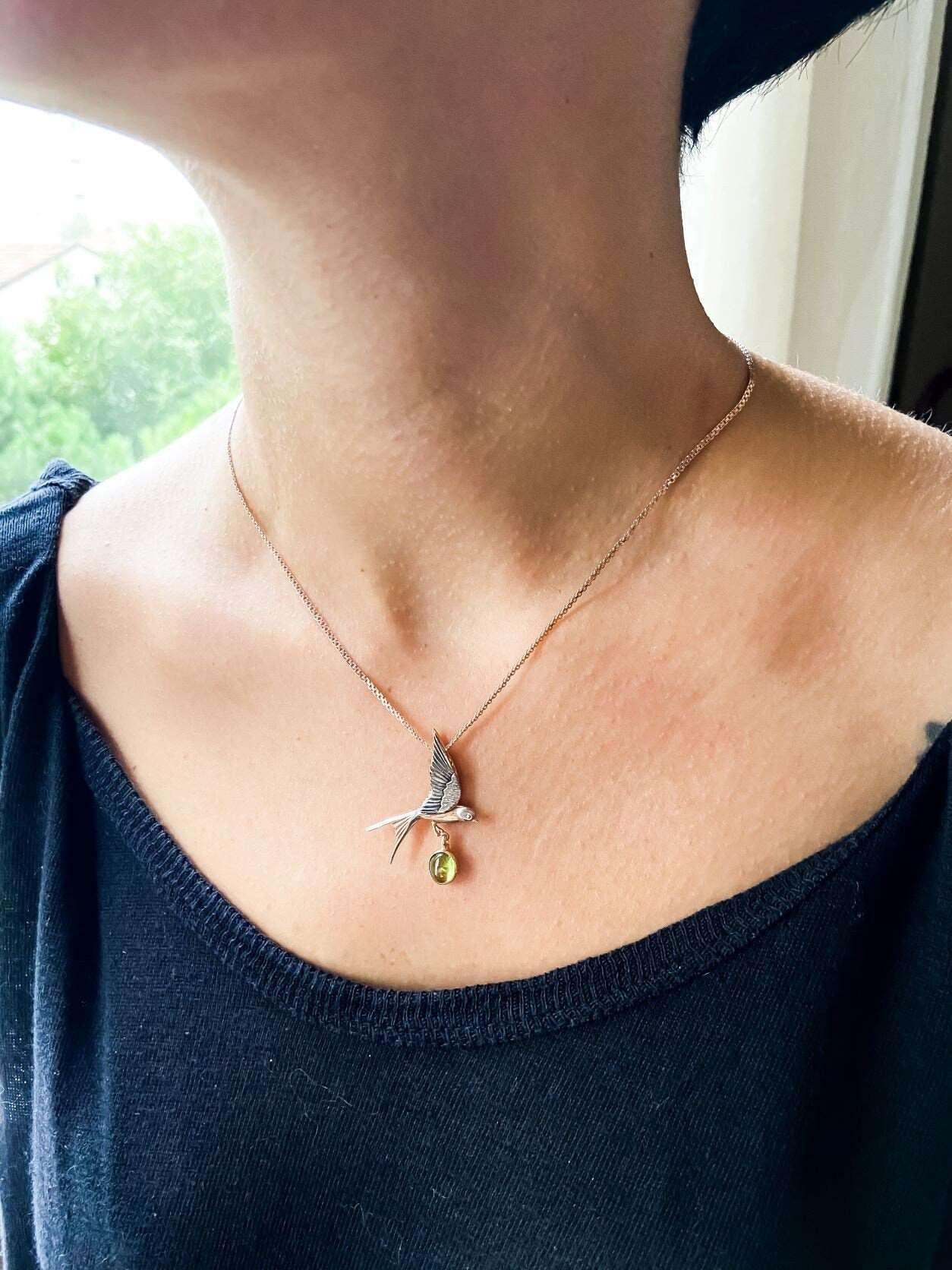 Handmade Peridot Swallow Bird Necklace, 925 Sterling Silver Swallow Pendant, Flapping Wings Pendant, Bird Jewellery, Custom Animal Necklace - Tracesilver
