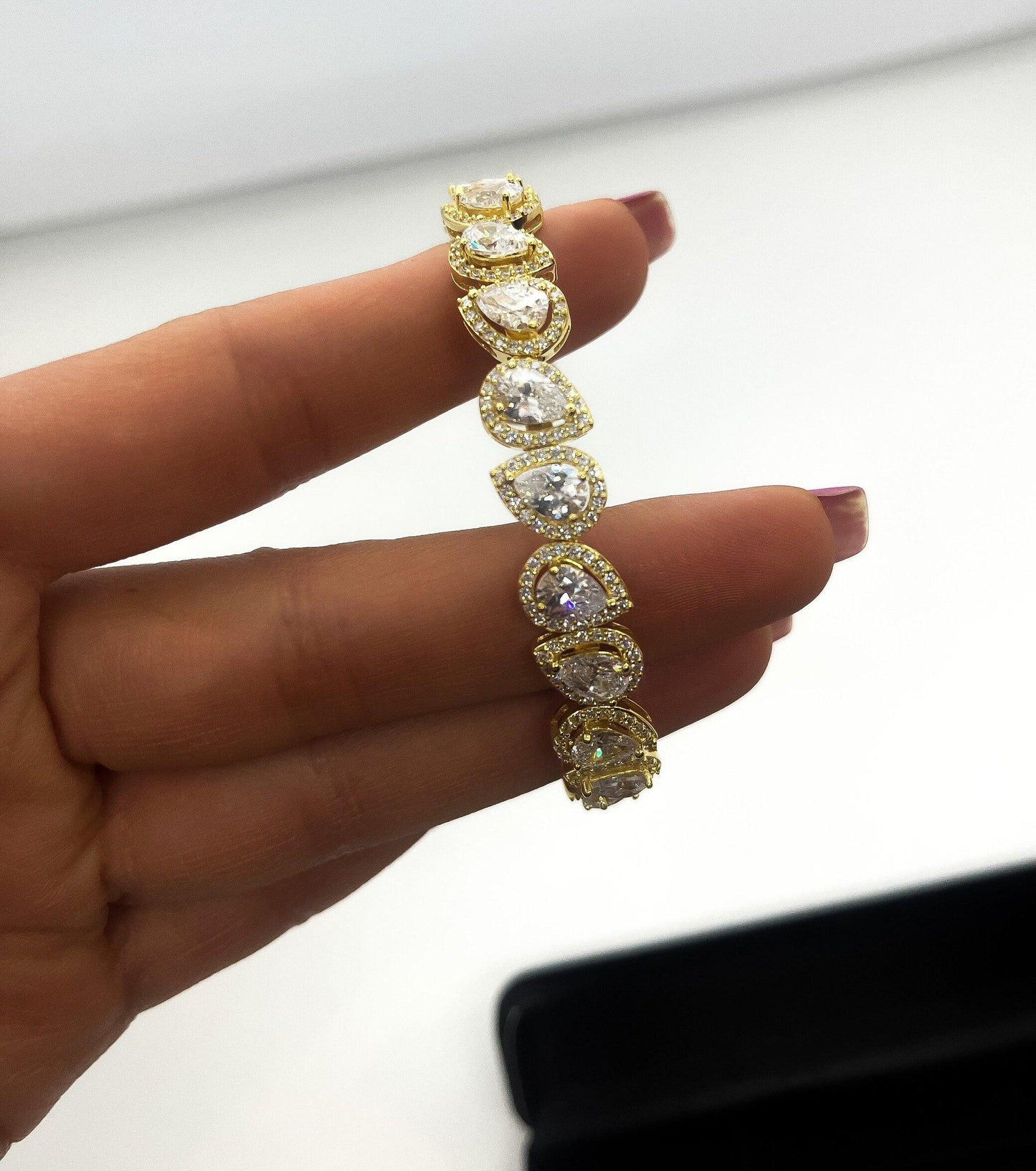 Diamond Drop Cut 925 Silver Gold Plated Bracelet Madagascar Full Zircon Stone Super Shiny Diamond Design 925 Silver Bracelet , Gold Plated - Tracesilver
