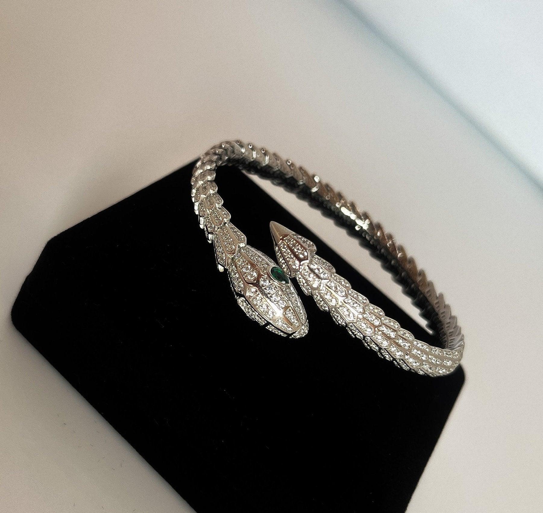 925 Sterling Silver Full Zircon Stone Green Ruby Eyes Snake Bracelet, - Tracesilver