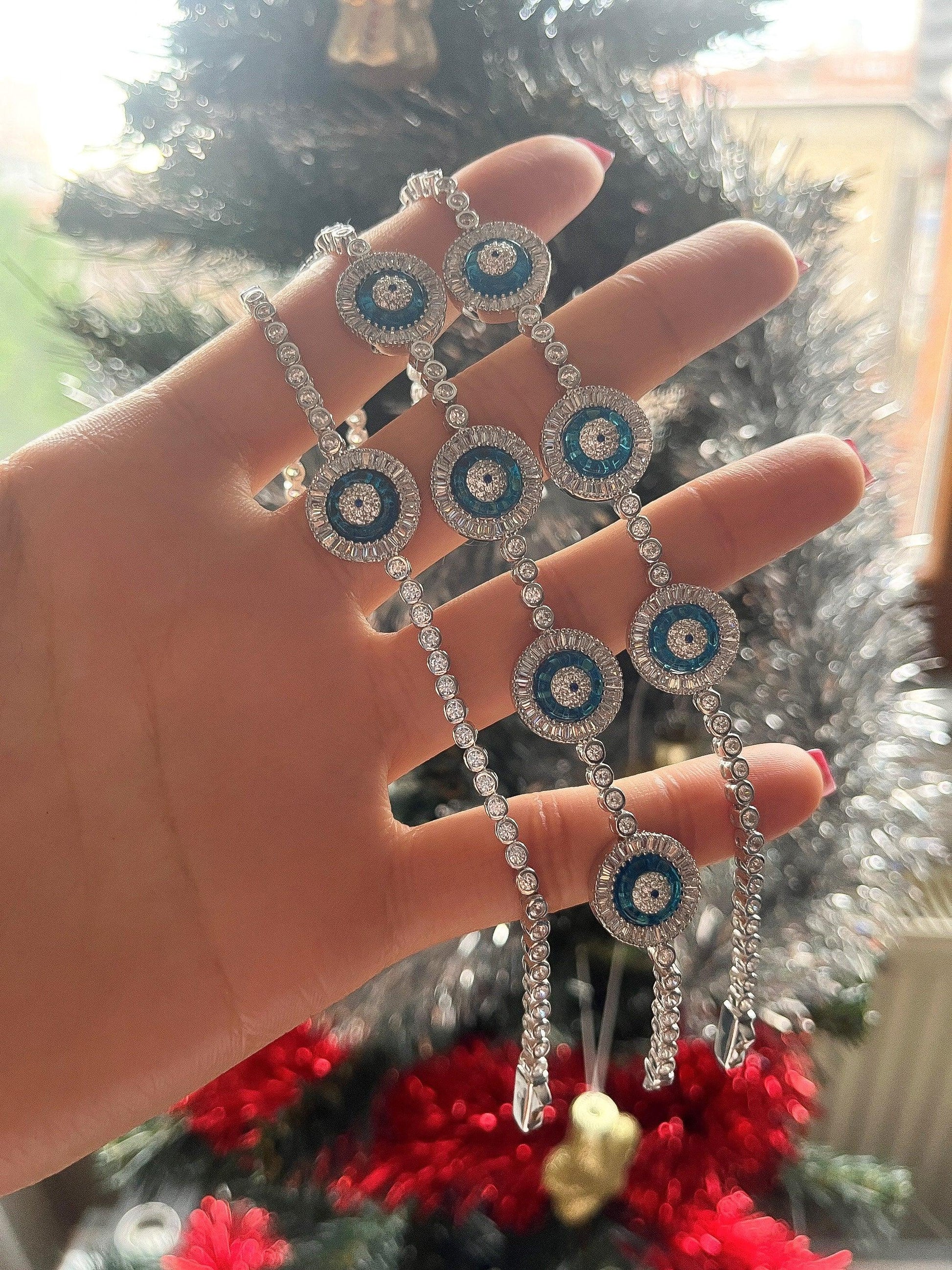 925 Sterling Silver High Quality Evil Eye Round Tennis Beaded Bracelet Women - Tracesilver