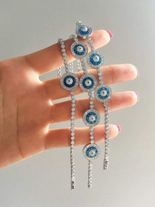 925 Sterling Silver High Quality Evil Eye Round Tennis Beaded Bracelet Women - Tracesilver