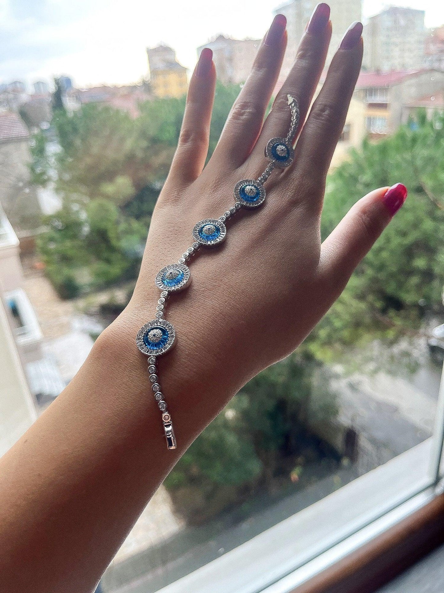 925 Sterling Silver High Quality Evil Eye Round Tennis Beaded Bracelet Women - Tracesilver