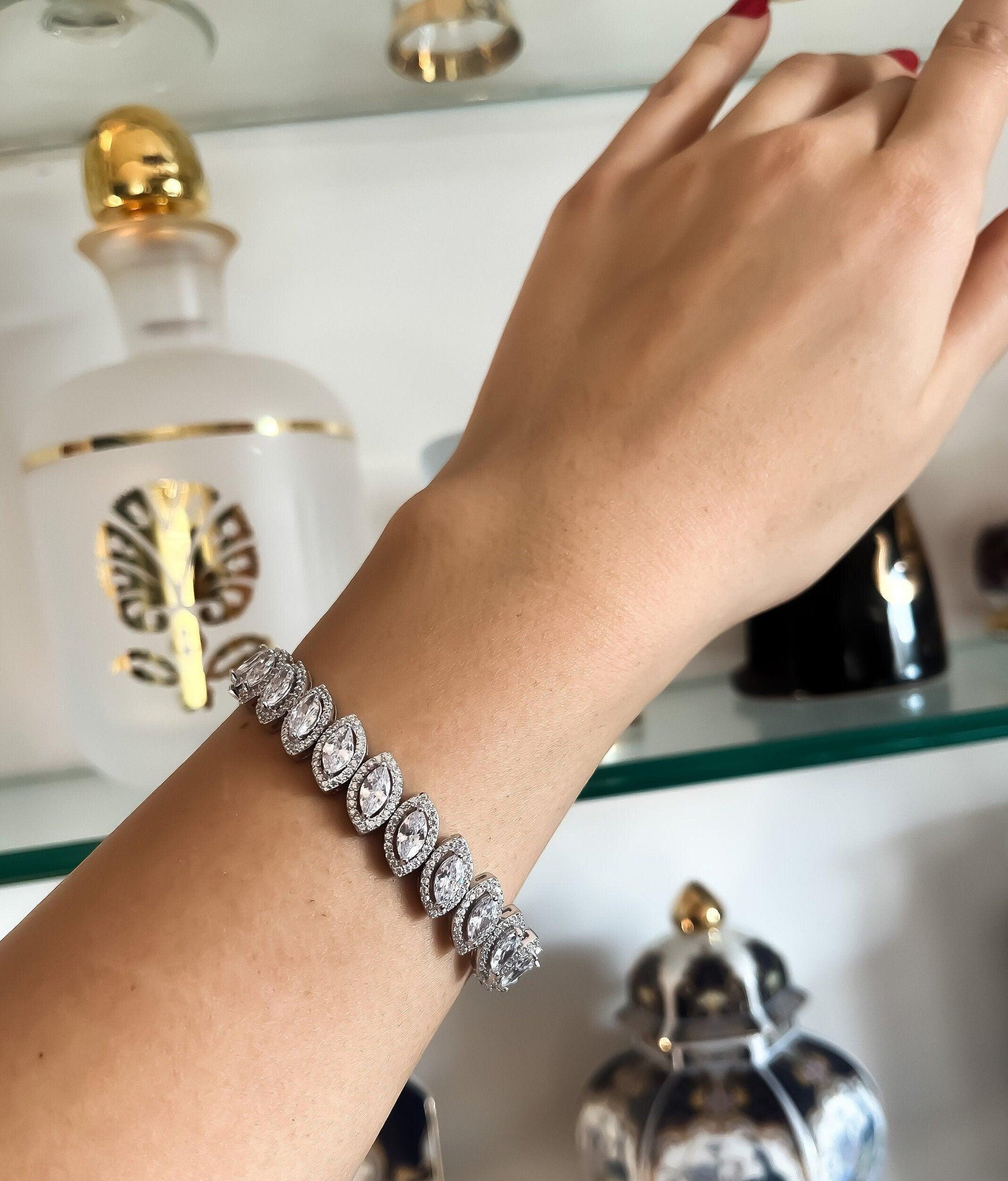 Diamond Drop cut 925 Sterling Silver Madagascar Zircon Stone Bracelet,Silver Zircon Stone Bracelet,Gold Plated Zircon Stone Bracelet, - Tracesilver
