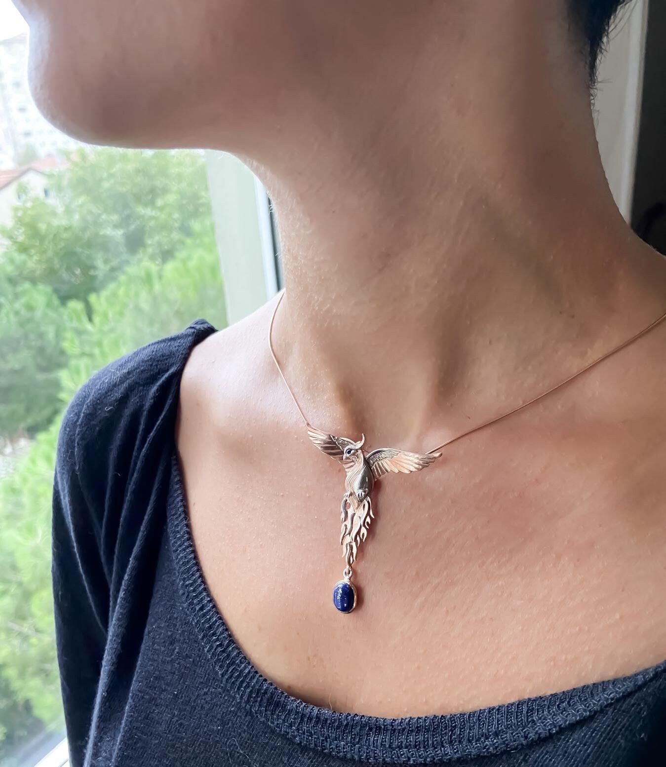 Lapis Lazuli Phoenix Strength Necklace, Sapphire Stone Eye Firebird Pendant, Custom Desing Animal Jewerly, Bird Pendant - Tracesilver