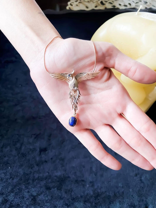 Lapis Lazuli Phoenix Strength Necklace, Sapphire Stone Eye Firebird Pendant, Custom Desing Animal Jewerly, Bird Pendant - Tracesilver