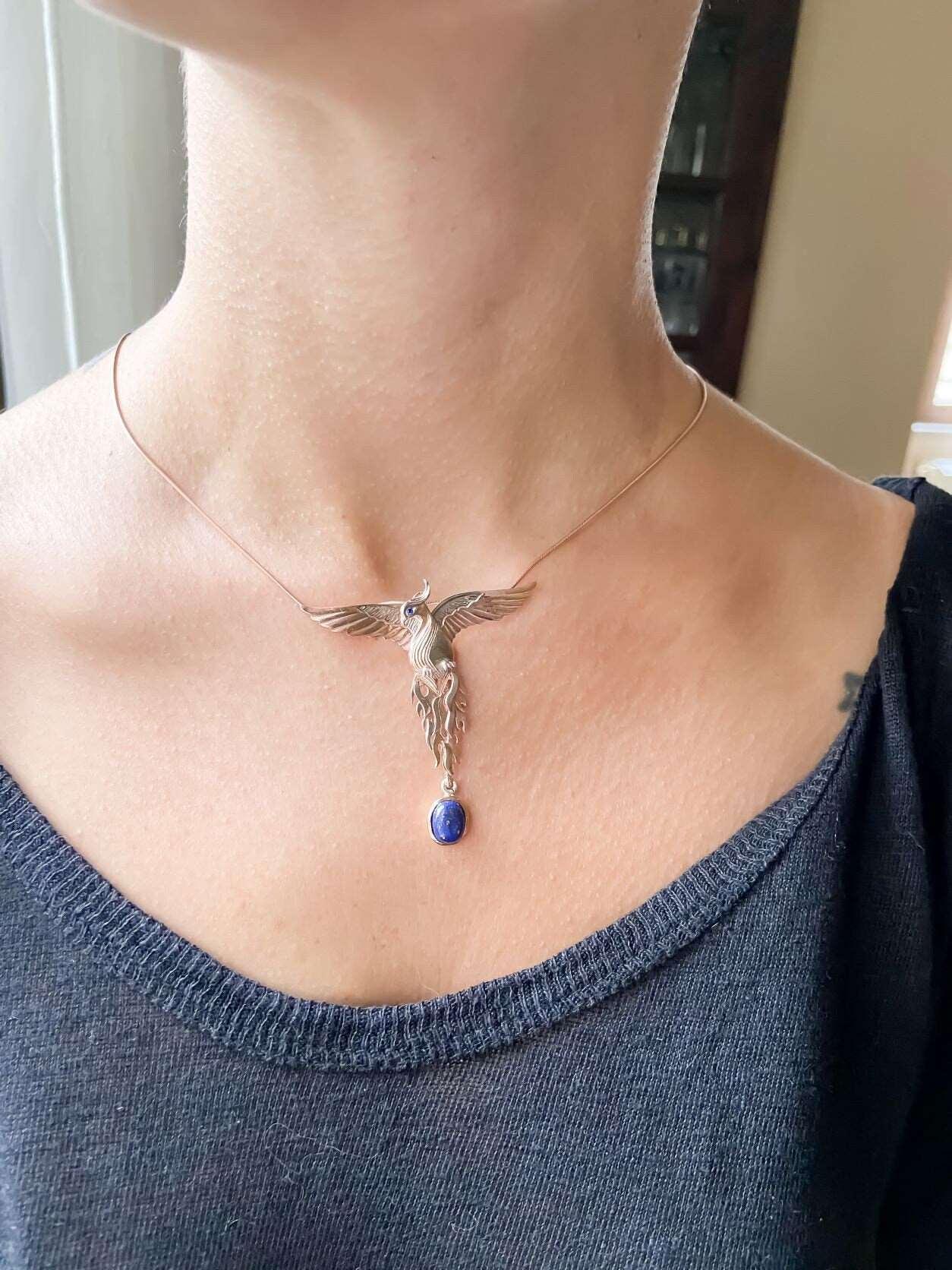 Lapis Lazuli Phoenix Strength Necklace, Sapphire Stone Eye Firebird Pendant, Custom Desing Animal Jewerly, Bird Pendant - Tracesilver