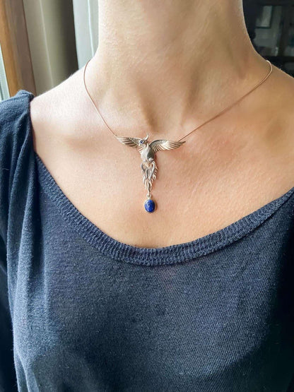Lapis Lazuli Phoenix Strength Necklace, Sapphire Stone Eye Firebird Pendant, Custom Desing Animal Jewerly, Bird Pendant - Tracesilver