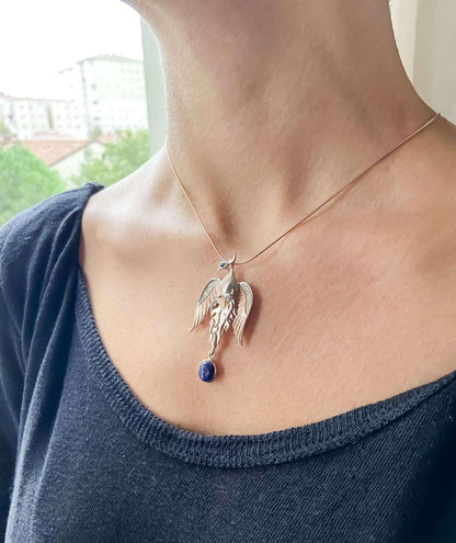 Lapis Lazuli Phoenix Strength Necklace, Sapphire Stone Eye Firebird Pendant, Custom Desing Animal Jewerly, Bird Pendant - Tracesilver