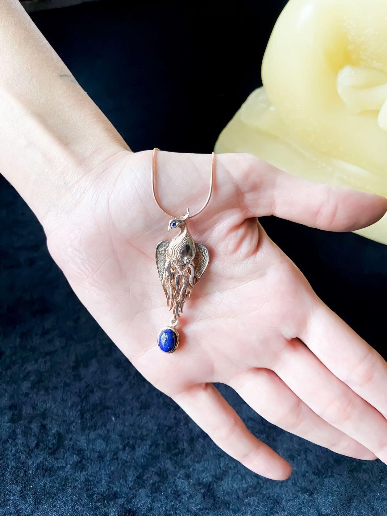 Lapis Lazuli Phoenix Strength Necklace, Sapphire Stone Eye Firebird Pendant, Custom Desing Animal Jewerly, Bird Pendant - Tracesilver
