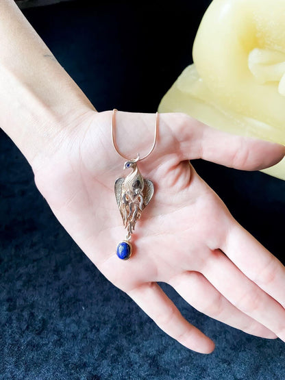 Lapis Lazuli Phoenix Strength Necklace, Sapphire Stone Eye Firebird Pendant, Custom Desing Animal Jewerly, Bird Pendant - Tracesilver