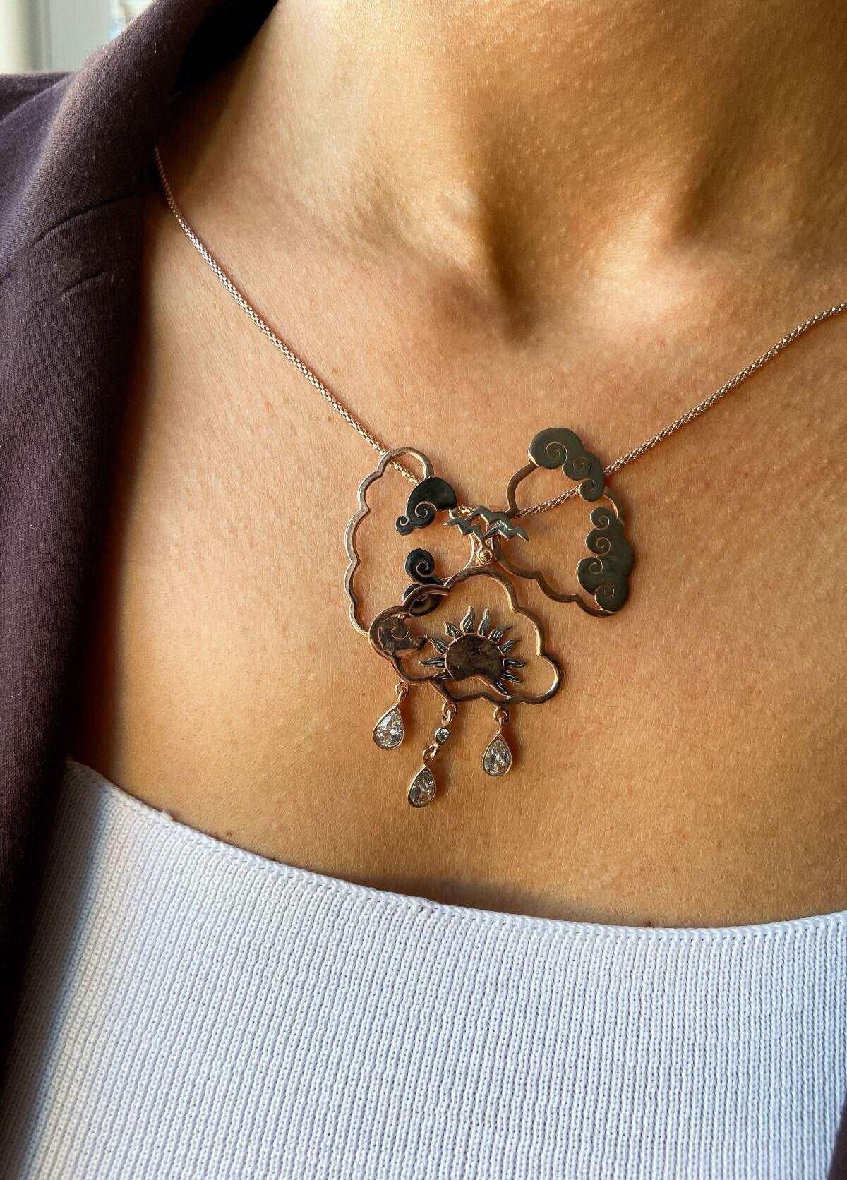 Layered Sun Pendant, Moving 925 Sterling Silver Necklace, Sun and Clouds Design Pendant , Nature Theme Jewellery Necklace For Women - Tracesilver